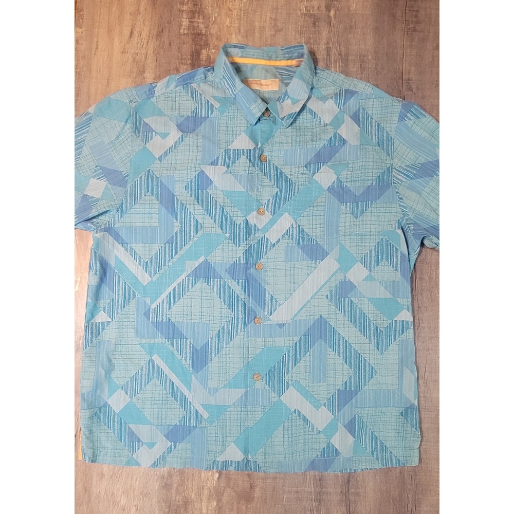 Tommy Bahama Mens XL 100% Silk Short Sleeve Geometric Button Down Shirt Blue